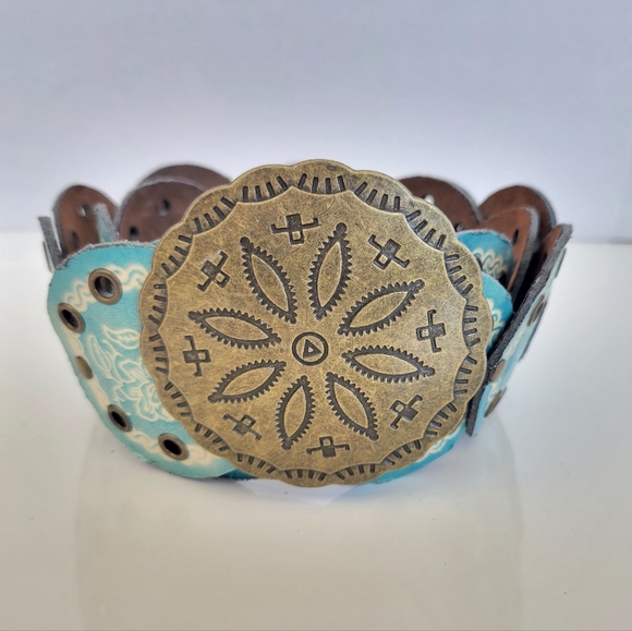 Accessories - Western Boho Embossed Flowers Leather Belt Turquoise Size S/M